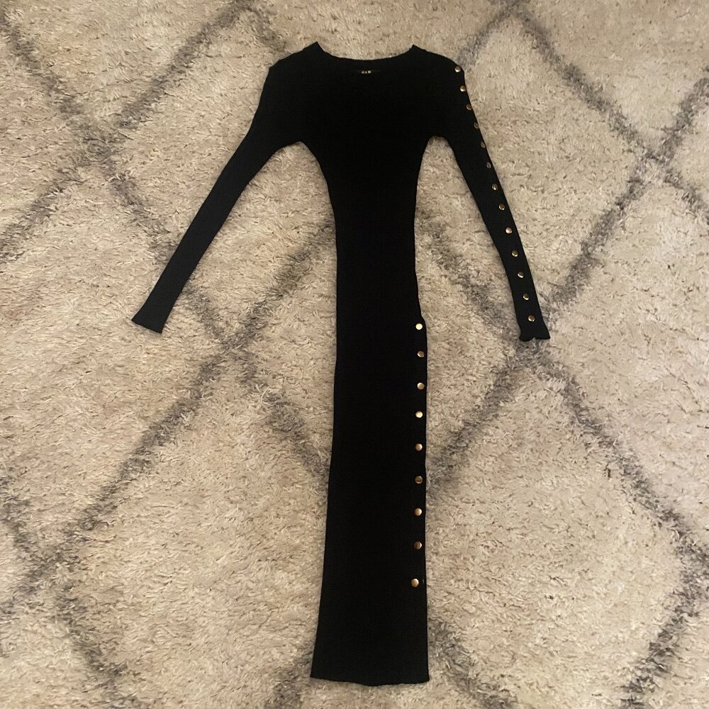 Gold Button Side Slit Black Ribbed Knit Midi Dress Size Medium